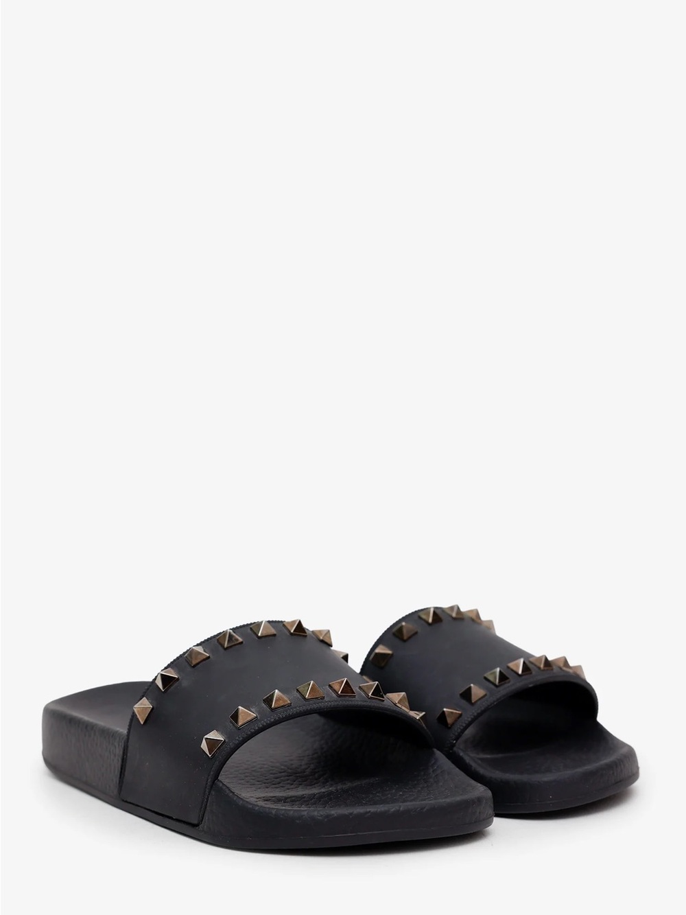 Valentino Garavani Black Slide Sandals with Gold Pyramid Studs